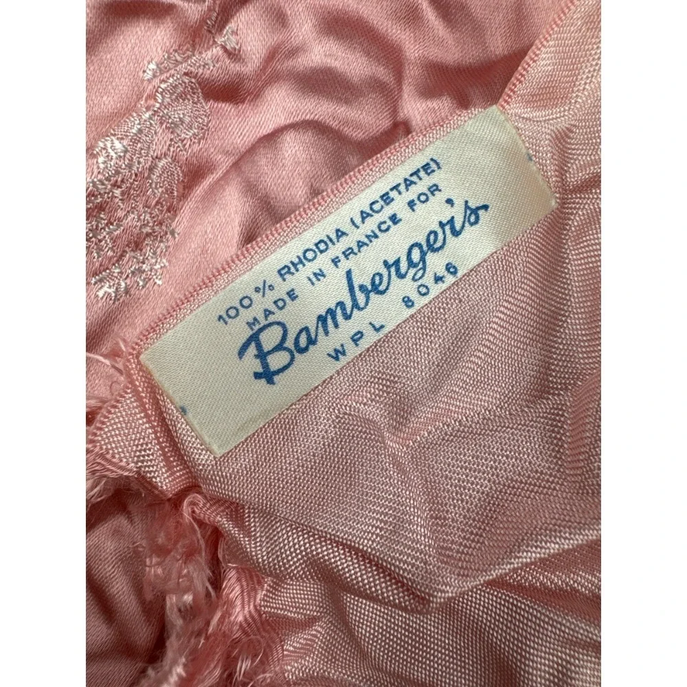 Vintage Bambergers Made in France Pink  Scarf White Floral Embroidery Fringe 44”